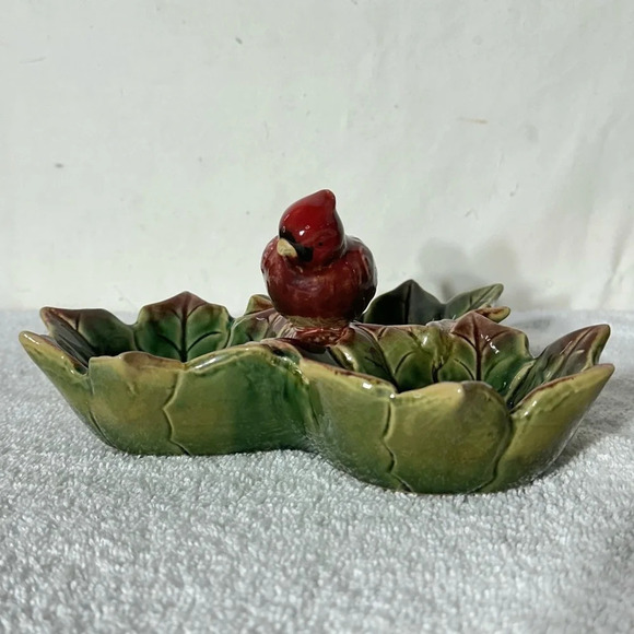 Vintage Ceramic Cardinal On  Poinsettia 3 Bowl Serving Dish - Picture 7 of 11